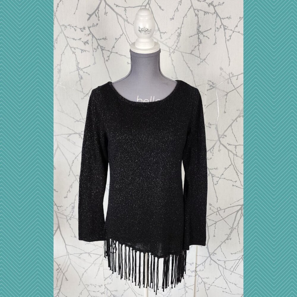 White House Black Market Black Metallic Knit Asymmetrical Fringe Tunic